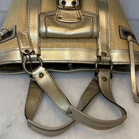 Coach Bag Purse Handbag Legacy Straw & Metallic Leather Tote Shoulder Pocketbook - Picture 11 of 16